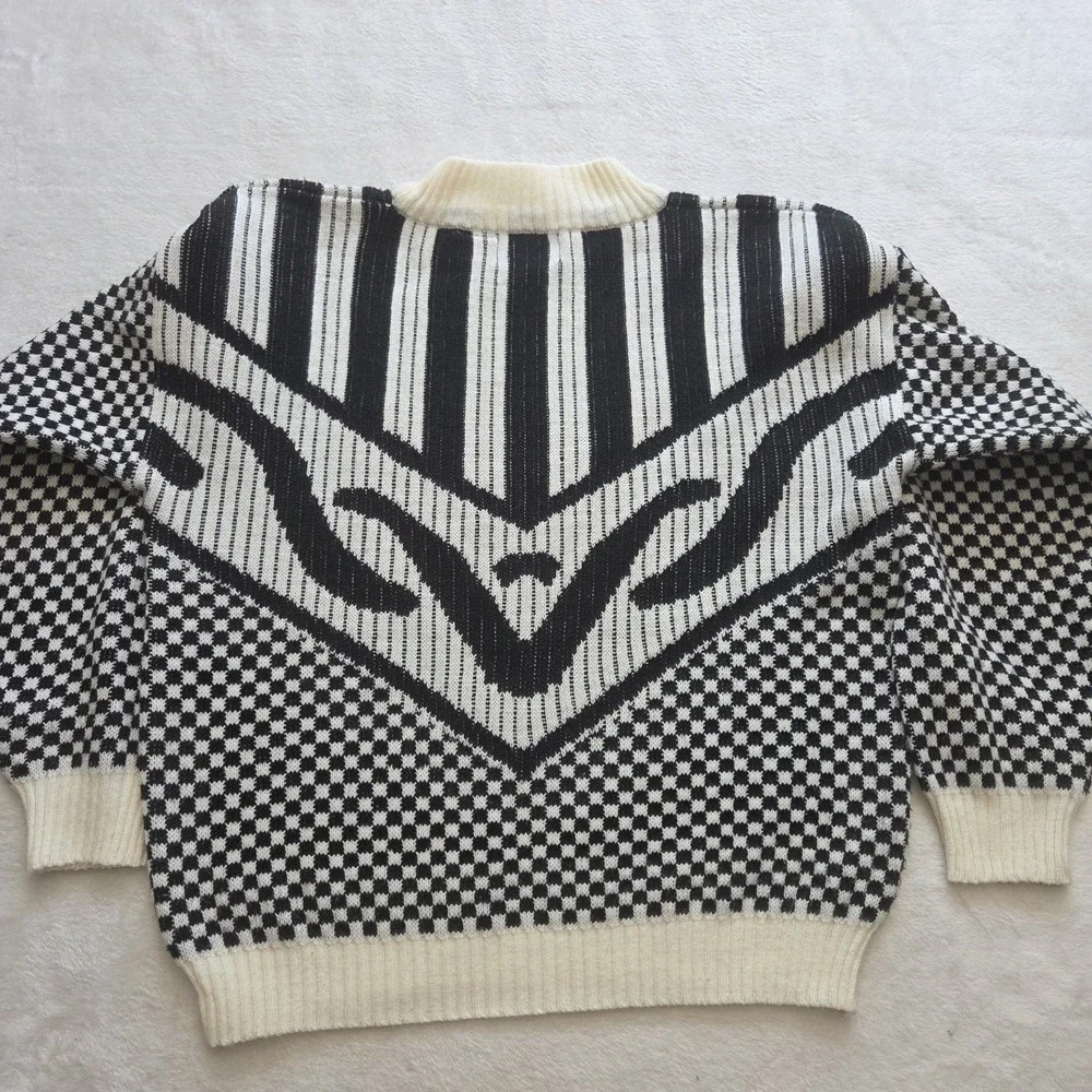 Vintage 80s Crewneck Sweater Acrylic Leather Knit Preppy Sweater‎ Womens Large